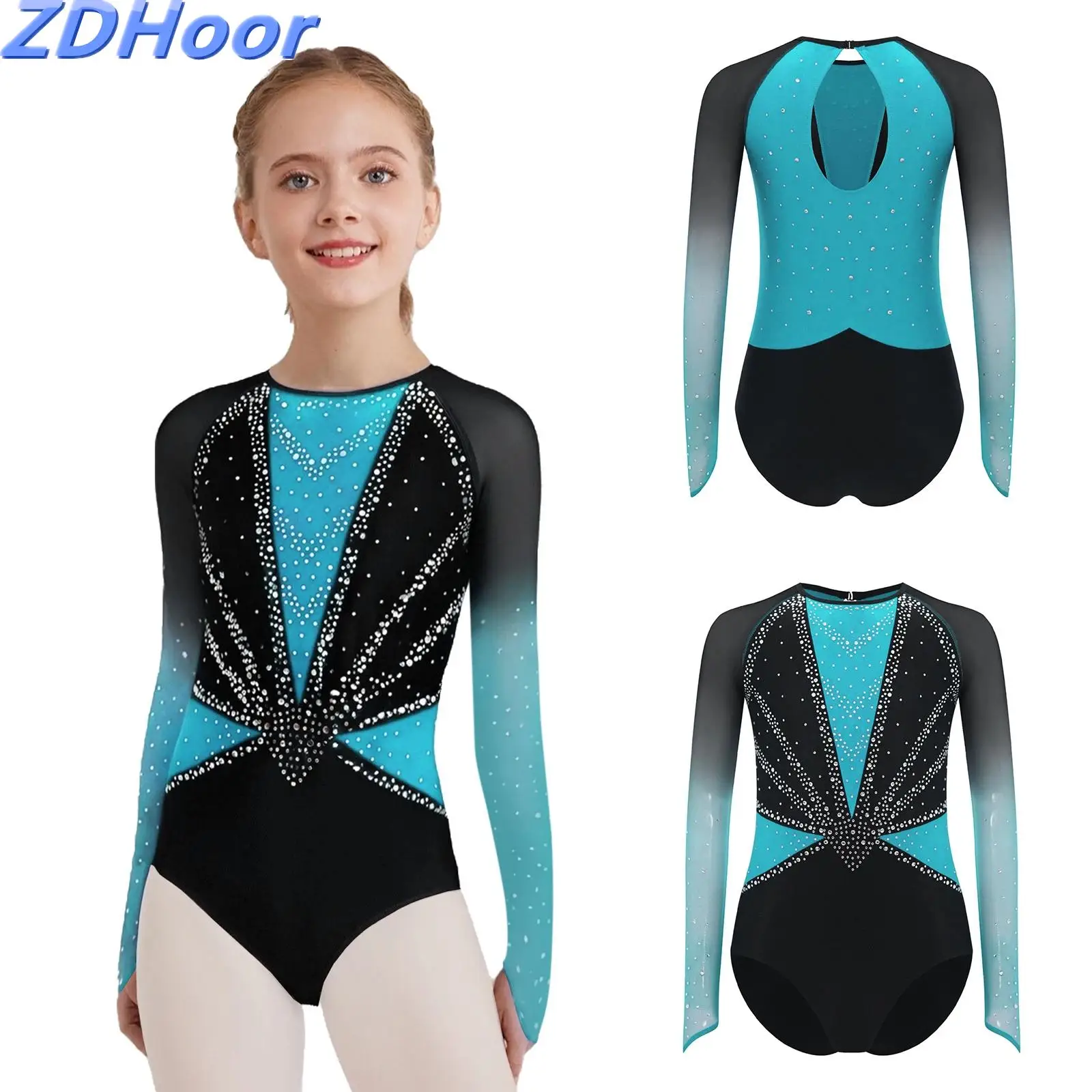 

Kids Girls Shiny Rhinestones Dance Leotard Round Neck Sheer Mesh Long Sleeves Keyhole Back Leotard for Gymnastics