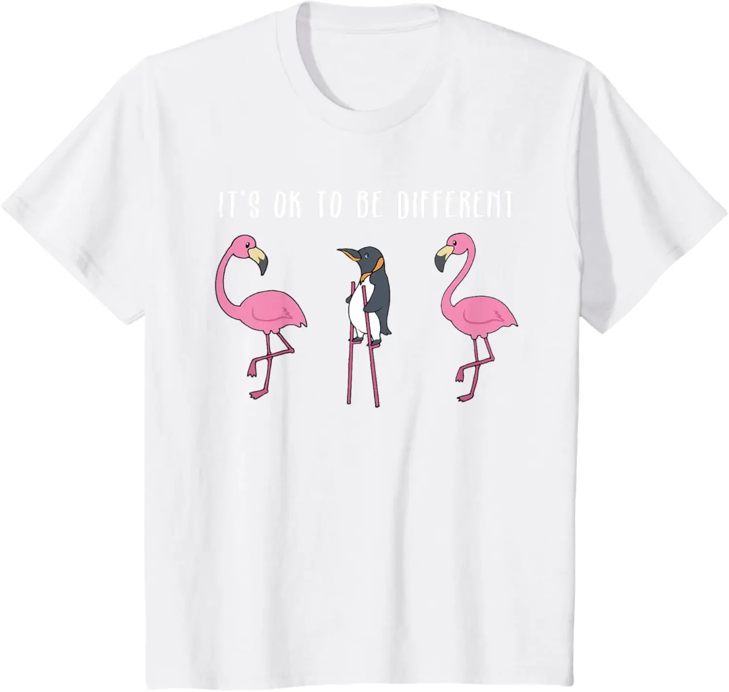 Its Ok To Be Different Flamingo Penguin T-Shirt Custom Printed Graphic T Shirts Kawayi Funny Shirt Print on Demand Ropa Hombre