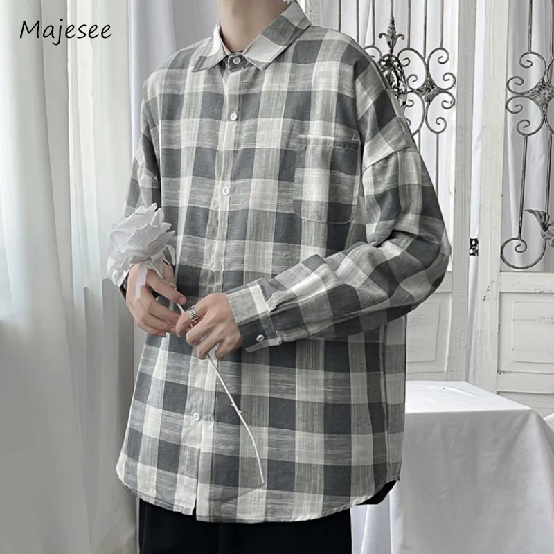 

4 Colors Shirts Men Plaid Chic Basic Long Sleeve Autumn Fashion Korean Oversized Tops Males Retro Boyfriend College Streetwear