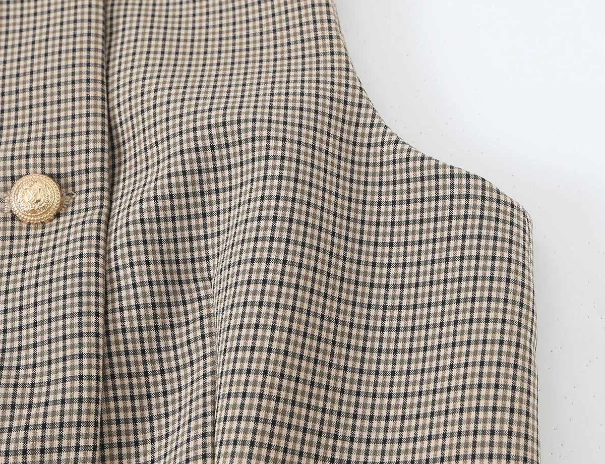 KONDALA Mode 2026 Damen Karierter Khaki-Herbstanzug O-Ausschnitt Zweireihige Weste + Gürtel Lange Hose Vintage Büro-Dame Schicke Sets – Detail 7