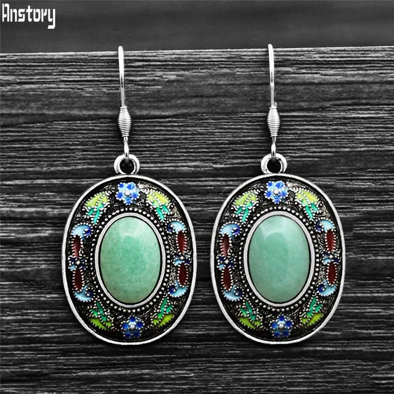 Vintage Oval Quartz Lapis Earrings For Women Bohemia Painting Craft Flower Plant Natural Stone Stainless Steel Hook Earring