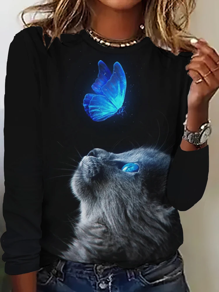 Women's Long Sleeve T-Shirt Cute Cat Pattern 3D Print Autumn Street Casual Fall Round Neck Oversized Clothing Outdoor T Shirts