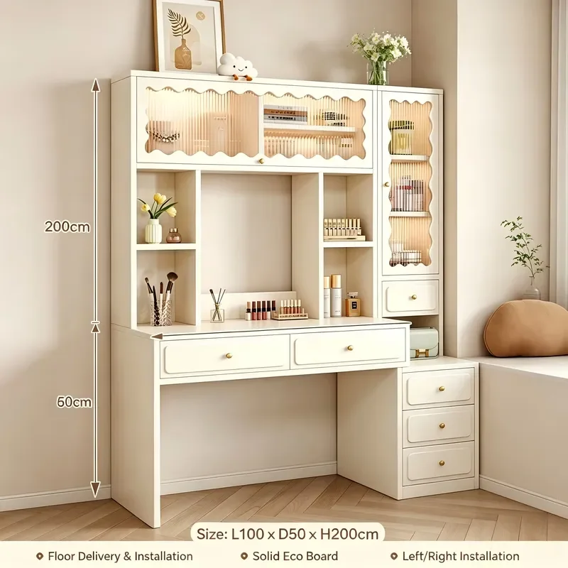 Modern Dressing Table with Stool, Simple Design Vanity Desk with Large Mirror and 3 Drawers for Bedroom