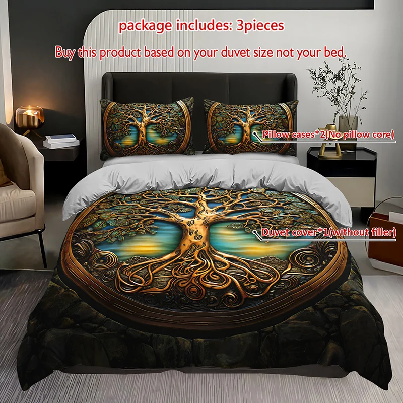 

3pcs Tree of Life Bohemian Bedding Duvet Cover Set Golden Tree Bedding Quilt Set Bohemian Themed Bed Quilt Set Luxury Bedroom