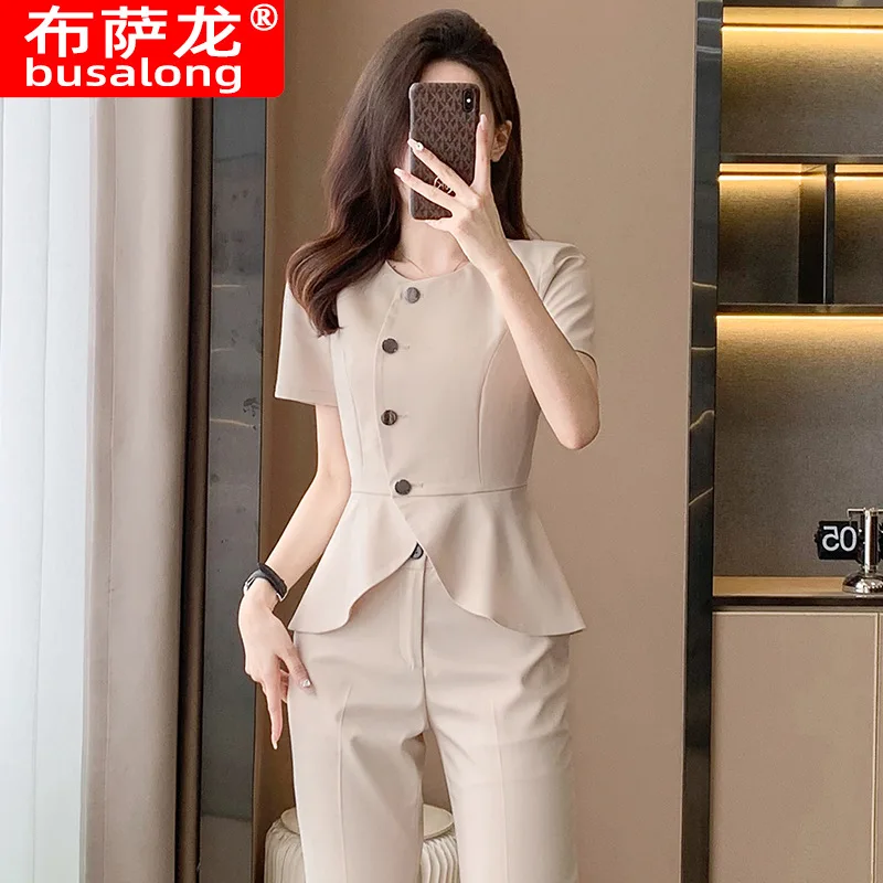 Summer Thin Short-Sleeved Suit Women\'s Slim-Fit Elegant Fashion Business Wear Beauty Jewelry Shop High-End Overalls