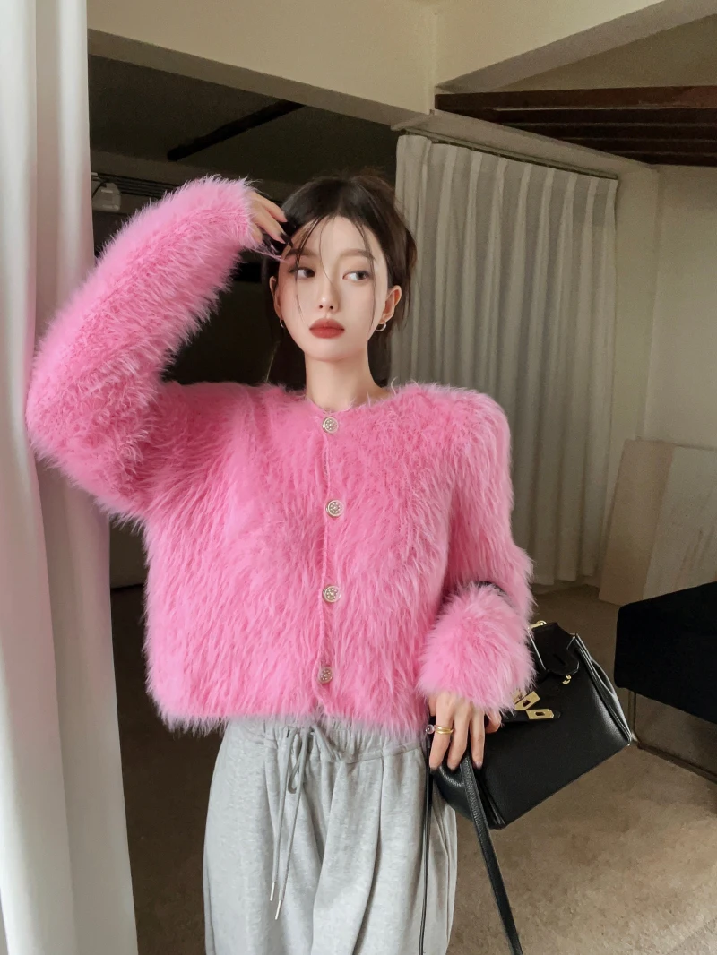 KUSAHIKI Korea Faux Mink Cashmere Knitted Coat Elegant Short Sweater Cardigan Women Autumn Fashion Knitwear Outwear Top 2023 New