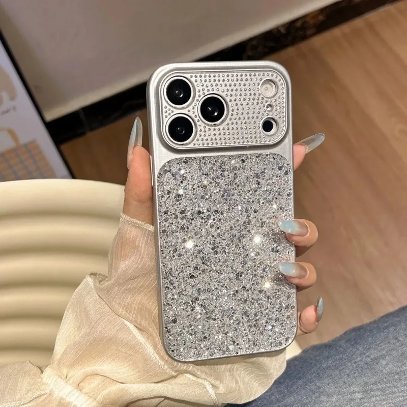 Coque de téléphone à grande fenêtre avec objectif caméra effet diamant scintillant pour iPhone Air 18 17 16 15 14 Plus 13 Pro Max – Housse esthétique à paillettes brillantes