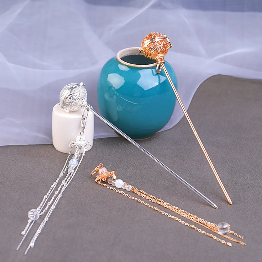 Woman Hair Pin Chignon Pin Chopsticks Elegant Glowing Metal Ball Bun Holder with Tassel for Hair DIY Accessory Hair Styling