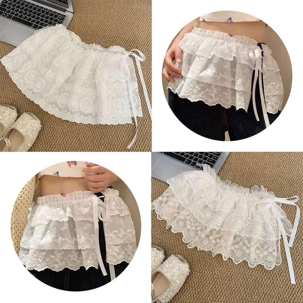

New Embroidered Flower Lace Mini Skirt Y2K Streetwear Harajuku Ruched Skirts See Through Butt Curtain Jeans Decoration