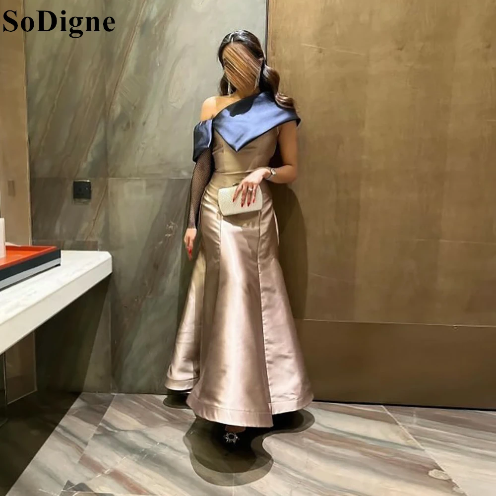 

SoDigne Navy Blue and Champagne Satin Evening Dresses One Shoulder Mermaid Draped Party Dress 2024 Elegant Prom Gowns Customized