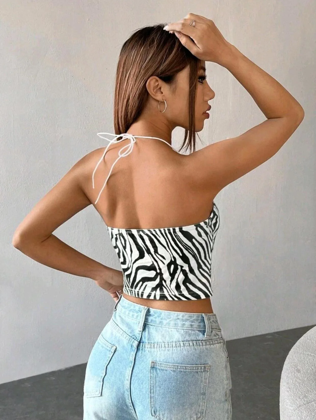 2024 Summer New Women\'s Zebra Stripe Print Back Lace Short Suspended Tank Top