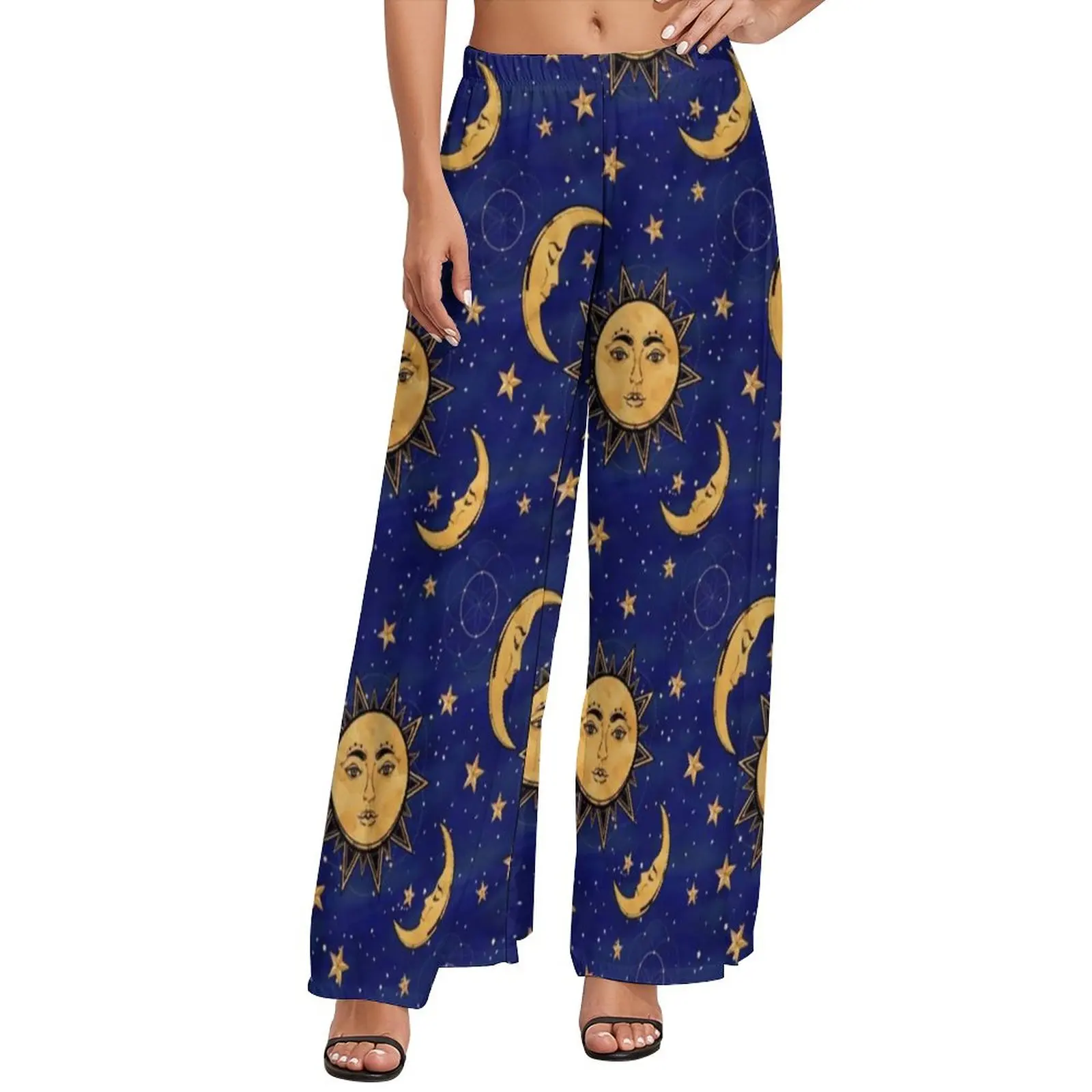 Funny Moon Pants Summer High Waisted Vintage Sun Stars Celestial Classic Wide Pants Women Oversized Streetwear Straight Trousers