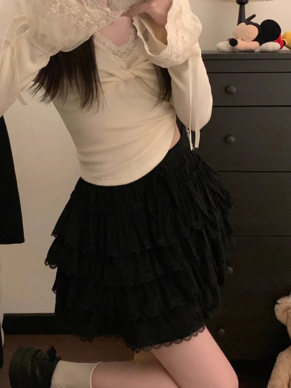 Koreanische Sle Süße Spitze Splice Gürtel frauen Rock Kuchen Rock Abnehmen Vielseitig Herbst 2025, Neue Ankunft