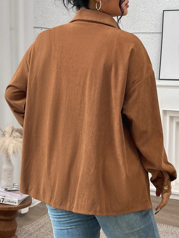 GIBSIE حجم كبير الصلبة واحدة الصدر سروال قصير قميص سترة المرأة 2025 الخريف والشتاء ملابس خارجية عادية كم طويل بلايز #2