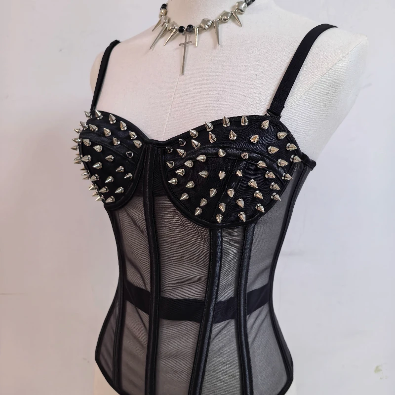 الأوروبية الأمريكية الشرير الظلام Y2K مثير الملابس النسائية التصميم الأصلي الحلو كول شبكة انظر من خلال هيكل السمكة برشام سترة السيدات
