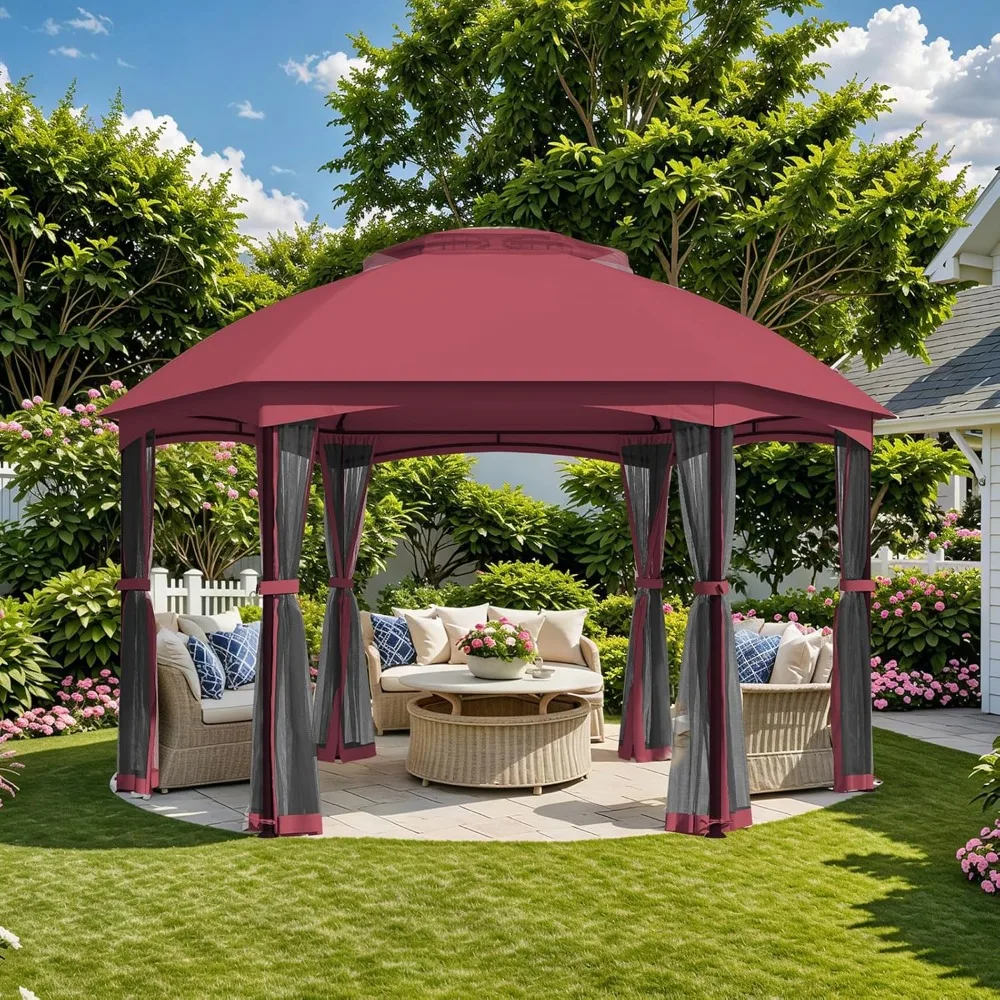 

13 x 13 Outdoor Patio Gazebo, Hexagonal Canopy with Double Air Roofs and Netting Walls, Heavy Duty Steel Frame, Canopy Tent