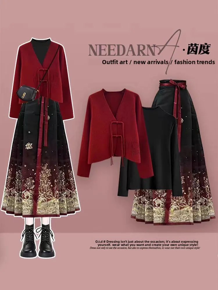 

Slimming Red Knitted Sweater And Skirt Set for Women Autumn Winter Faion Inner Wear Chinese Sle Button Design High End Feel