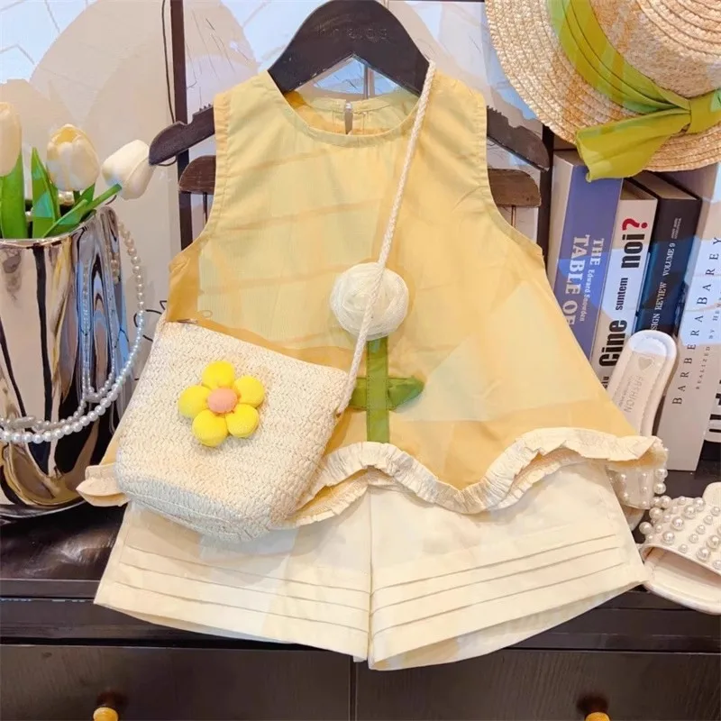 

TOY-2025Girls' Summer New Sweet Set Baby 3D Flower Sleeveless Top with Lace Shorts Two-Piece Trendy
