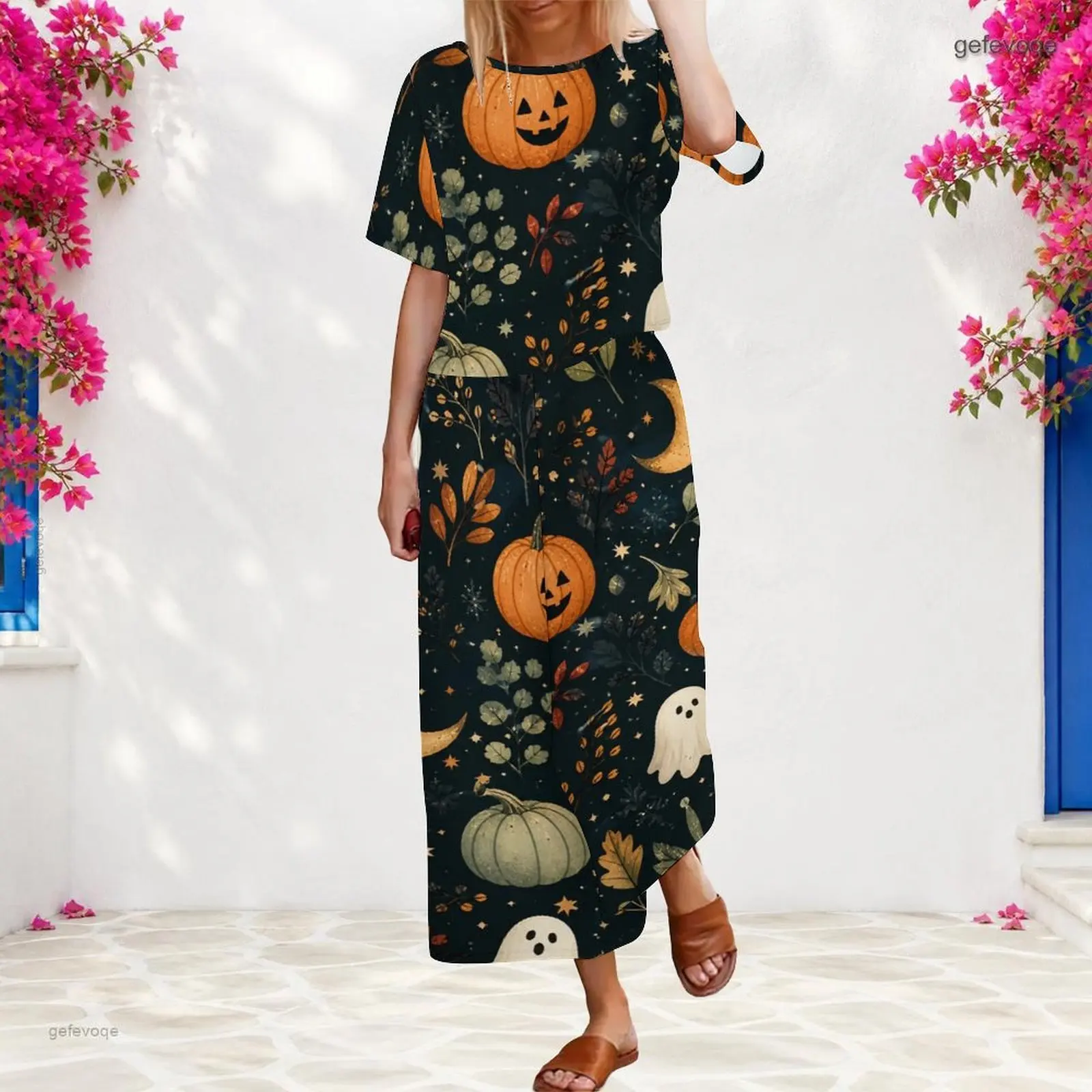 Women 2 Piece Outfit Round Neck Short Sleeve Top With Elastic Waist Wide Leg Pants Set Custom Print Ladies Casual Loungewear