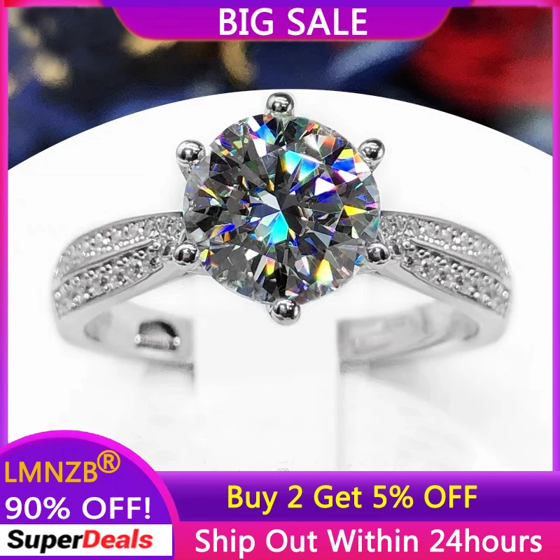 LMNZB Original Certified Tibetan Silver Rings for Women High Quality Round 2ct Zircon CZ Engagement Wedding Band Fine Jewelry