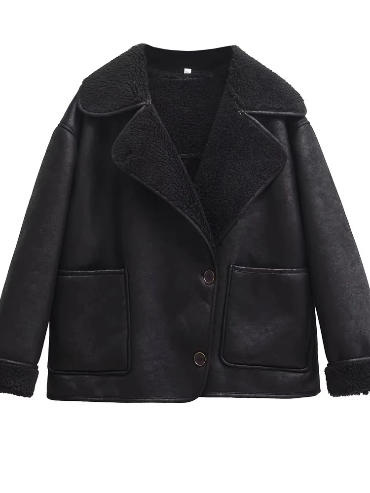 خريف 2025 ملابس خارجية نسائية فضفاضة من الفرو والجلد ذات ياقة على الوجهين طويلة Sve Jaet ملابس خارجية من ألياف البوليستر #4