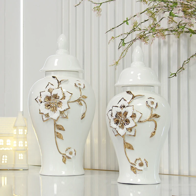 Nordic ceramics, golden and white wedding flower vase, Canton Fair porcelain manufacturing, home decoration ginger jar