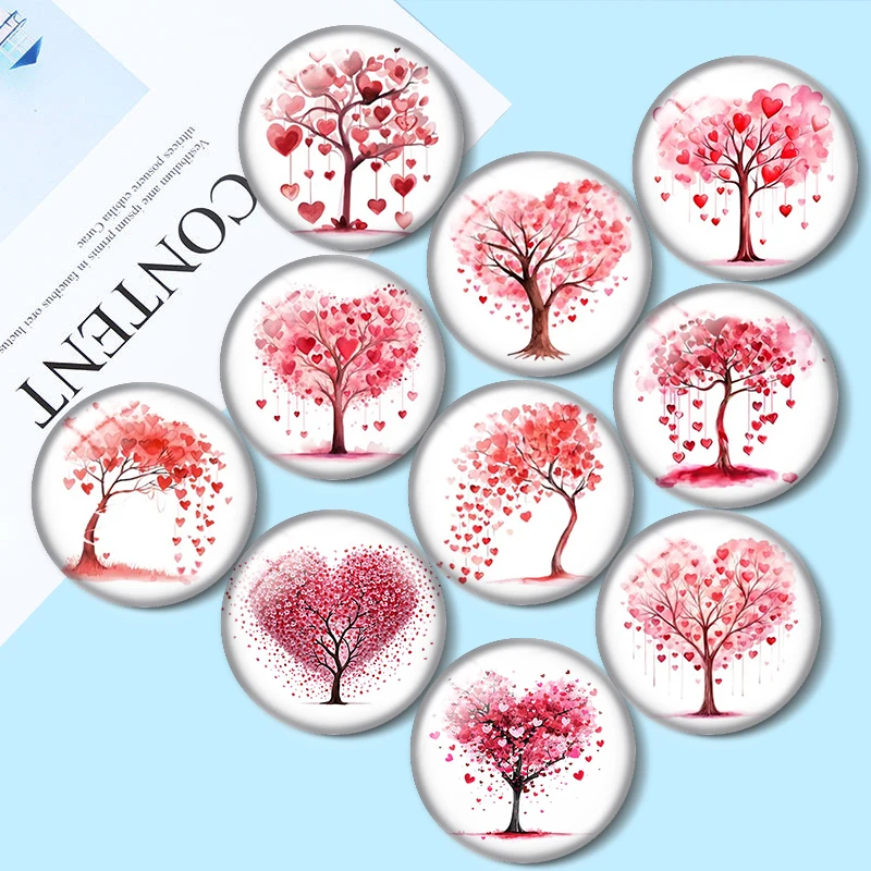 Árbol de corazón de San Valentín, 10 Uds., mezcla de 12mm/18mm/20mm/25mm, foto redonda, cabujón de cristal, demostración, parte posterior plana, hallazgos