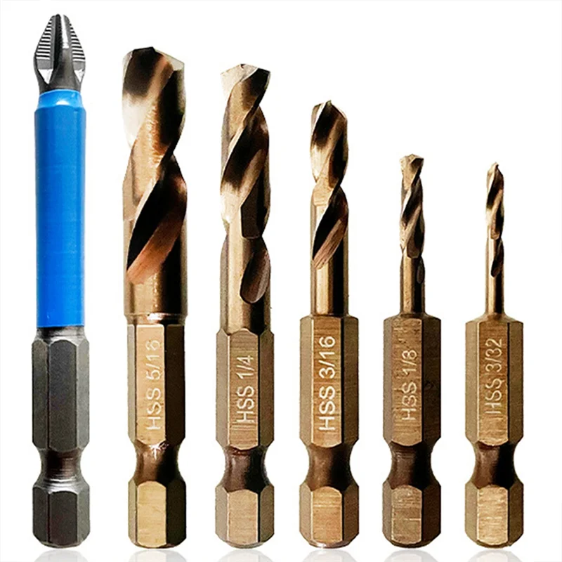 

6-Piece M35 Cobalt Stubby Drill Bit Set for Stainless Steel & Hard Metals for Quick Chucks & Impact Drivers