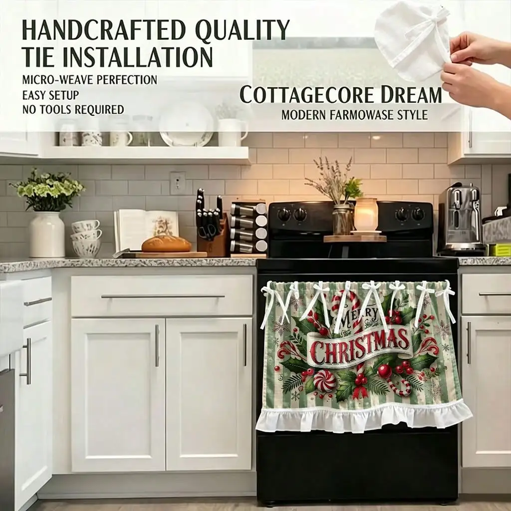 2D Flat, 1pc Christmas Kitchen Stove Oven Valance, Merry Christmas Candy Cane Pattern Also Be Decoration Curtain for Dishwasher Microwaves Cabinet Kitchen Sink, Cute Christmas Gift, Makes a Great Addition to Your Christmas Theme Home