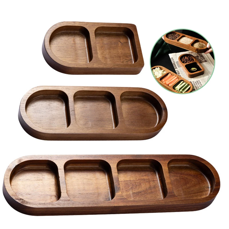 Solid Wood Tray 2/3/4 Grid Seasoning Tray Breakfast Food Sushi Bread Dessert Sauce Tray Kitchen Dinner Seasoning Tray