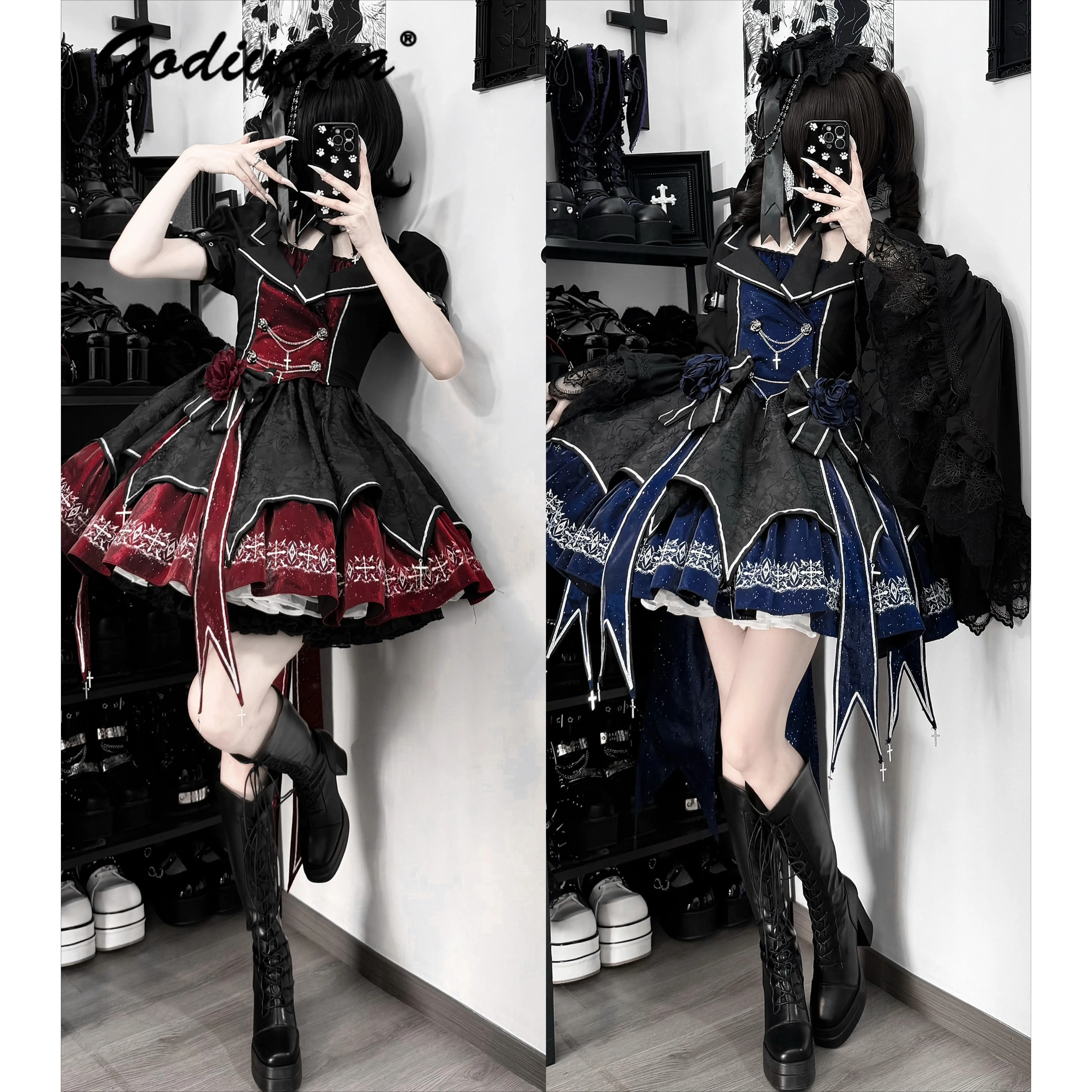 Original Design Gothic Dark Lolita Schwarz-Weiß Farblich Abgestimmter Frack Trägerloses Kleid mit Ärmeln Cosplay Damen-Outfit
