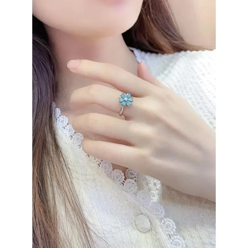 RUIF New Custom 925 Silver Flower Ring Lab Grown Paraiba Sapphire Gems Simulated Diamond Zirconia Women Daily Simple Jewelry