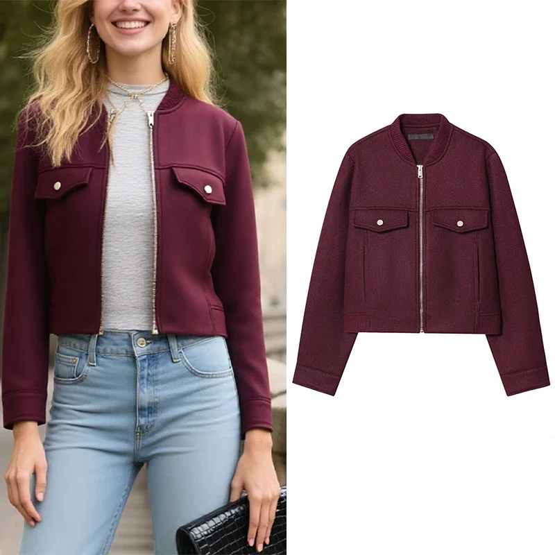 

Women Soft Short Jacket Autumn Fashion O Neck Pockets Long Sleeve Women's Short Jacket With Zipper Causal Female Chic Jacket