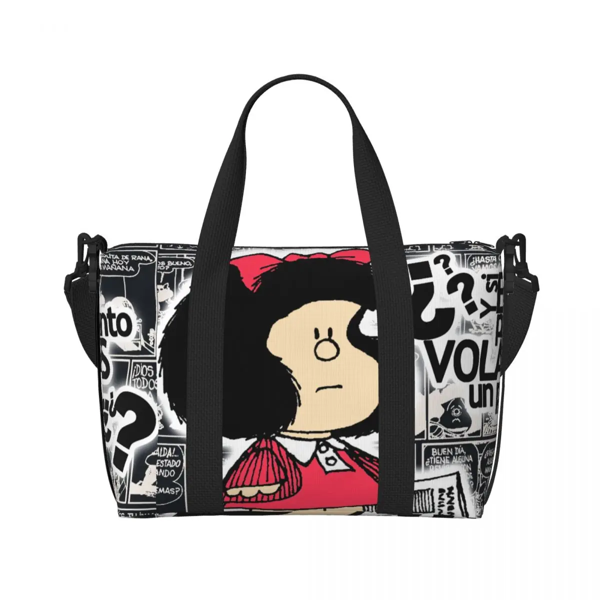 Custom Vintage Quino Comic Mafalda Beach Tote Bag for Women Extra Large Gym Carry On Cartoon Mang Travel Shopping Bags