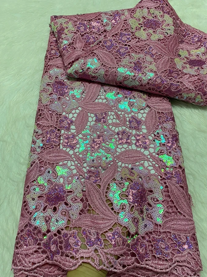 

BE FINE Nigerian Water Soluble Sequins Lace2024 High Quality Fabric Dress 5 Yards For Sewing Wedding