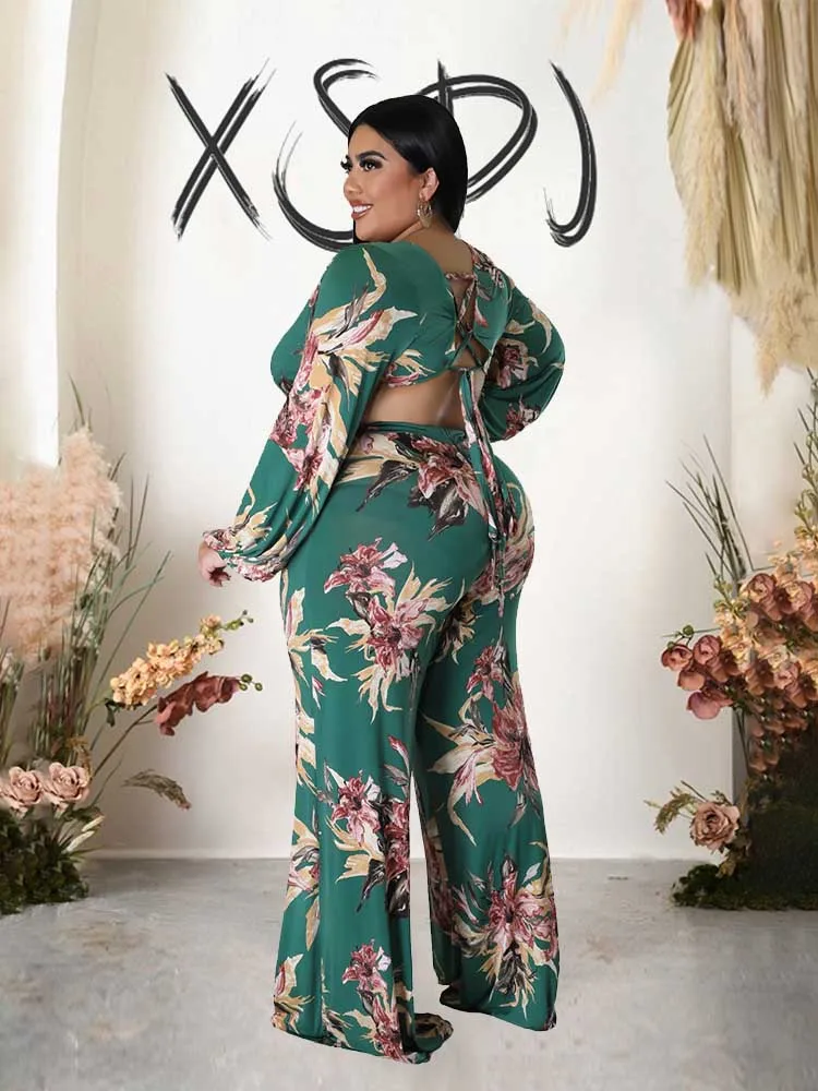 Plus Size Women Clothing 2xl 3xl 4xl One Piece Jumpsuit Long Sleeve Vintage Print Ladies Elegant Overalls Fall Outting Jumpsuit