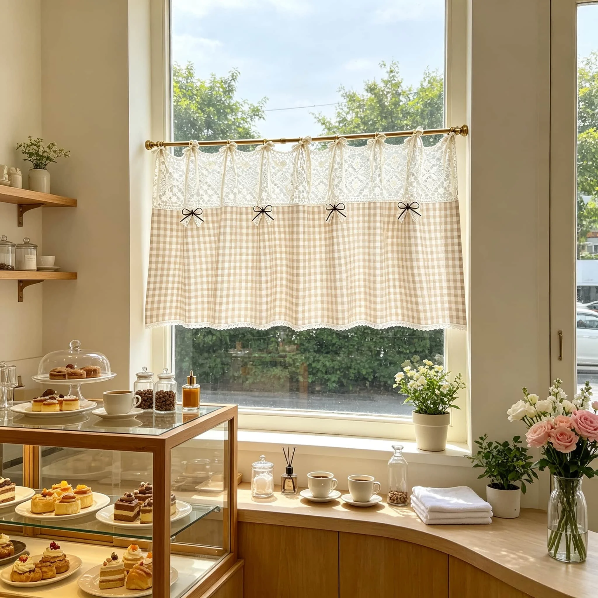 Cottage Gingham Tie Top Cafe Curtain, Crochet Lace Spliced Half Window Curtain with Bow Decor, Light Filtering Farmhouse Kitchen