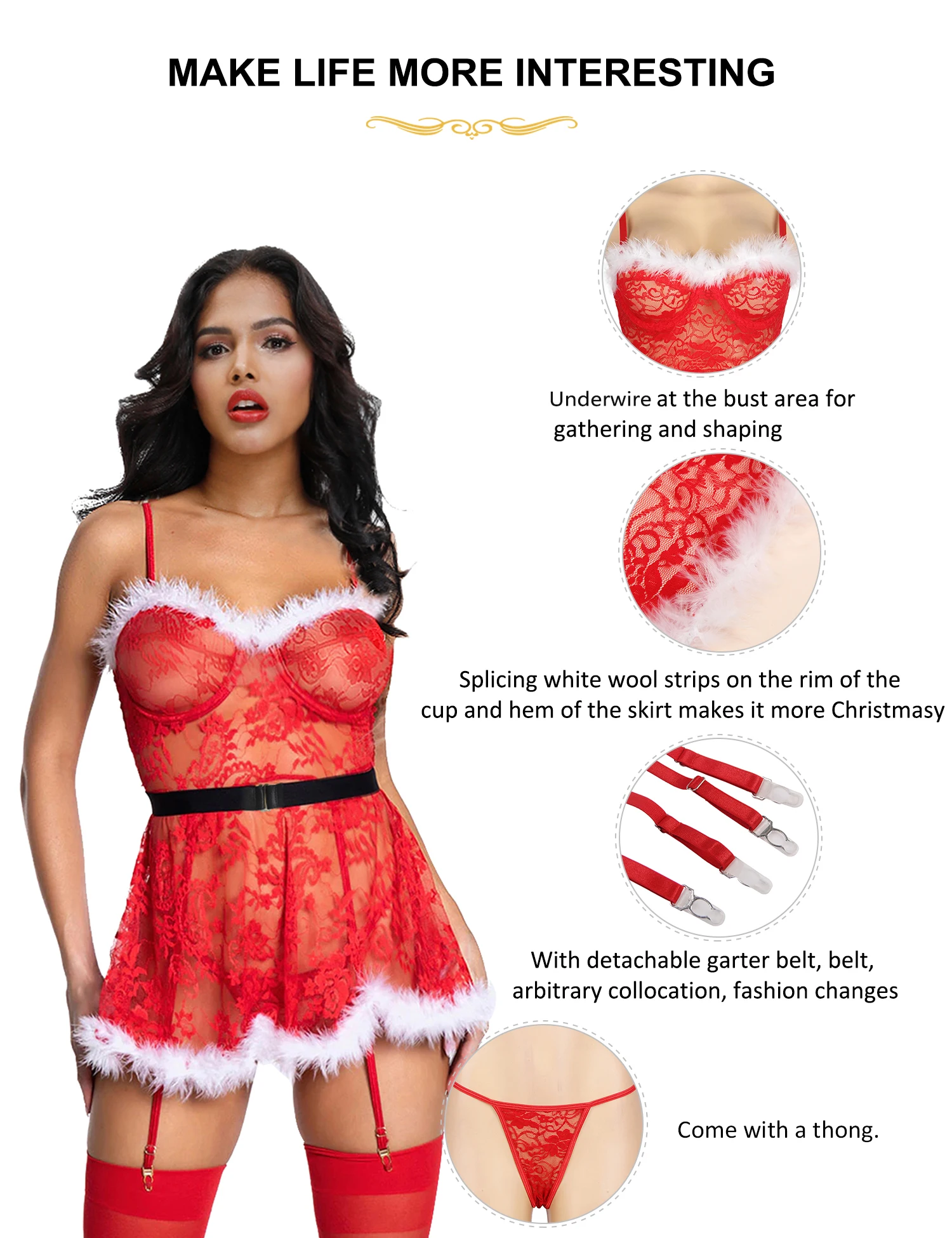 Ohyeahlady Women Christmas Nightgowns Sleepwear Red Floral Lace Transparent Babydoll Sexy Lingerie with Garter Belt for Stocking