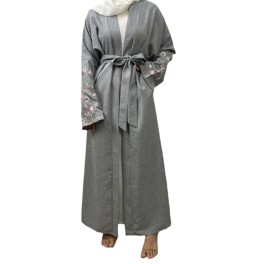 Modny muzułmański bawełniany i lniany haftowany luźny koronkowy kardigan szata dla kobiet 1407 Abaya Ramadan Dubai luksusowy Islam elegancki