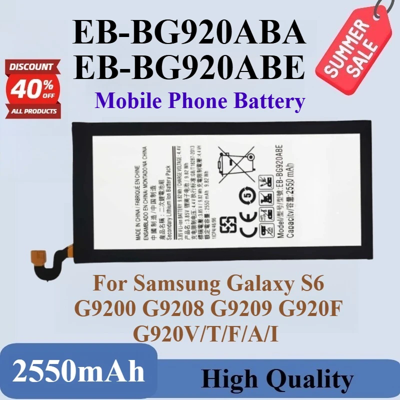 High Quality EB-BG920ABE EB-BG920ABA 3.85V 2550mAh Phone Battery For Samsung Galaxy S6 G9200 G9208 G9209 G920F G920V/T/F/A/I