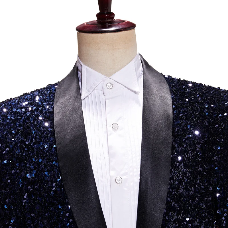 Mens Shiny Sequin Blazer Jacket Party Wedding Nightclub Glitter Shawl Lapel Tuxedo Blazer Navy Blue Stage Prom Dress Suit Jacket