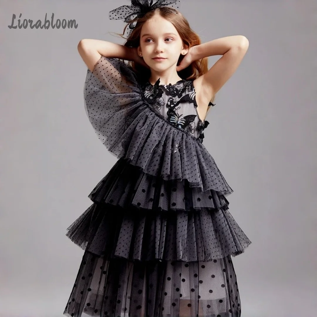 Abito Formale Nero a Pois per Bambina, Vestito Personalizzato da Damigella con Pizzo, Abbigliamento per Cerimonie Nuziali