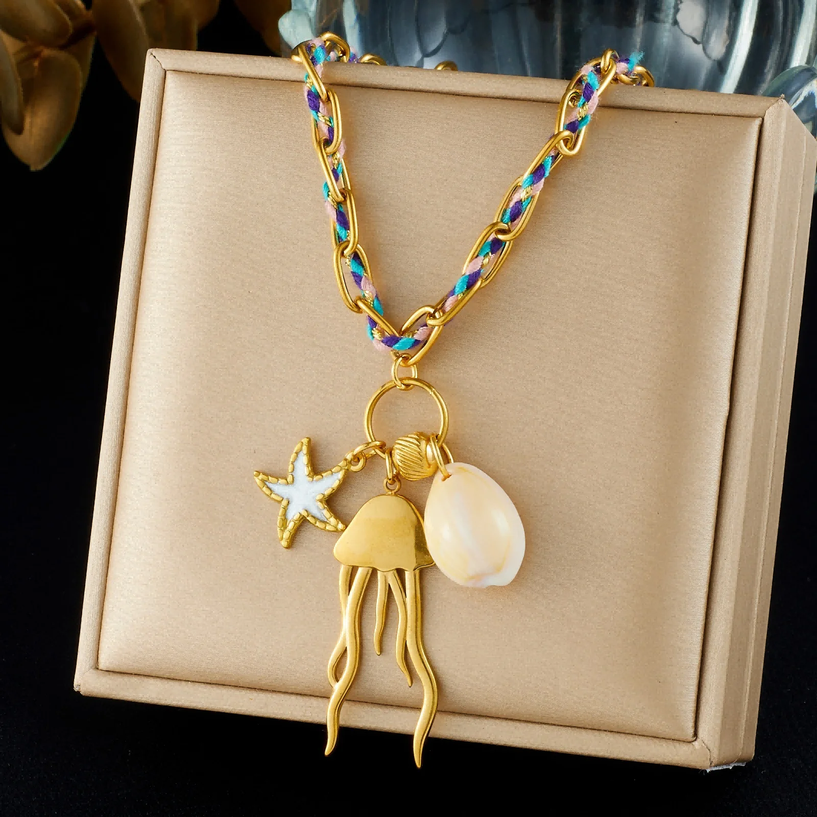

18K Gold Plated 316L Stainless Steel Ocean Charm Necklace with Braided Fabric Chain for Women
