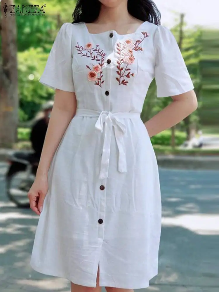 ZANZEA Summer Cotton Knee-length Dress Women Casual Embroidery Flowers Dresses Loose Tie Waist Vestidos Square Neck White Robes