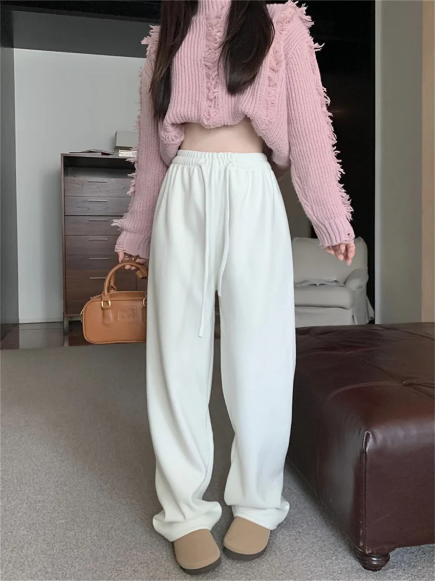 PLAMTEE Chic Soft Pants Women Fashion Spring 2024 Thicken Warm Daily High Street Slim Wide Leg Casual Minimalist Office Lady