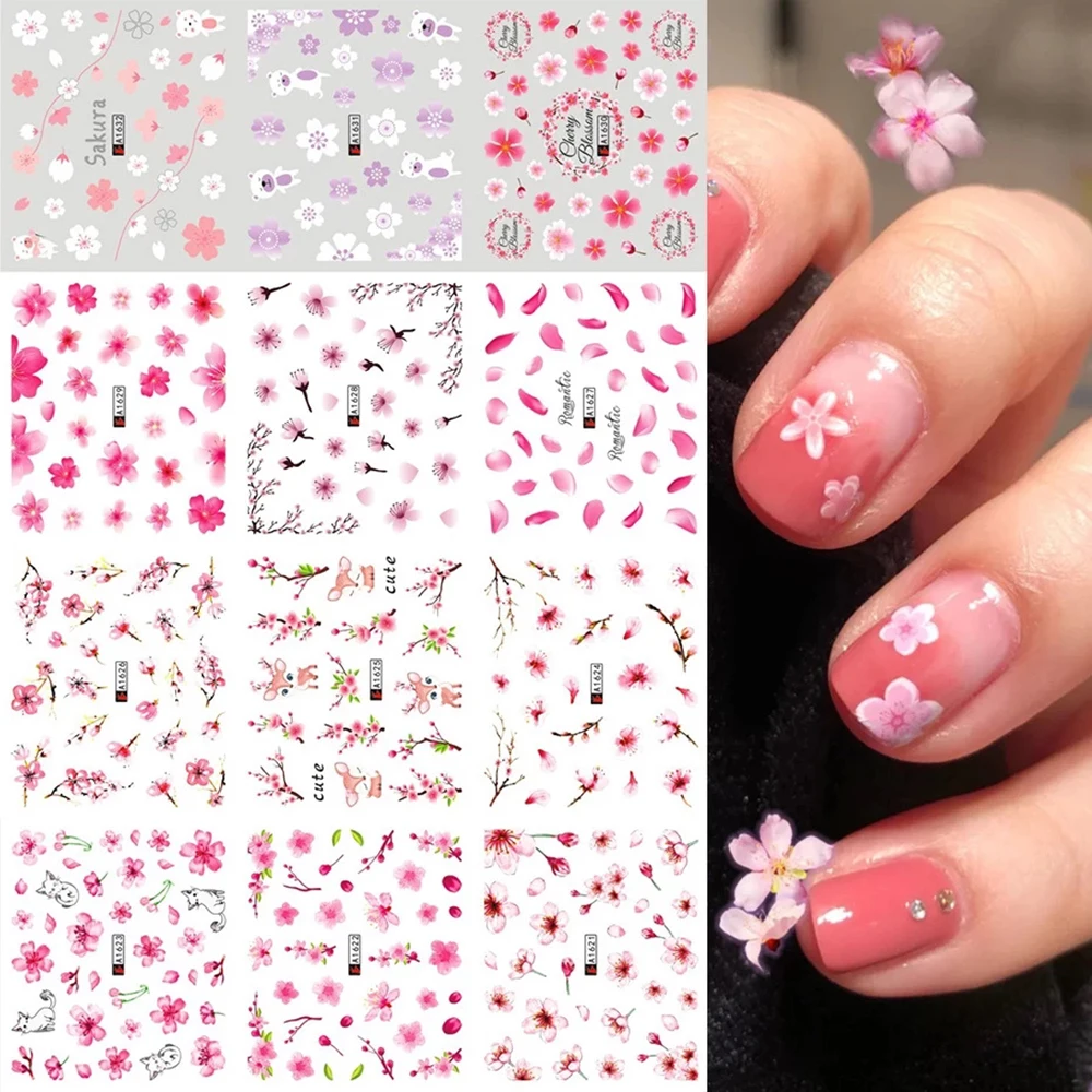 12pcs/set Butterfly Flower Decals Peach Blossom Wrap Nail Art Multi-style Nail Stickers Water Transfer Stickers Nail Decoration