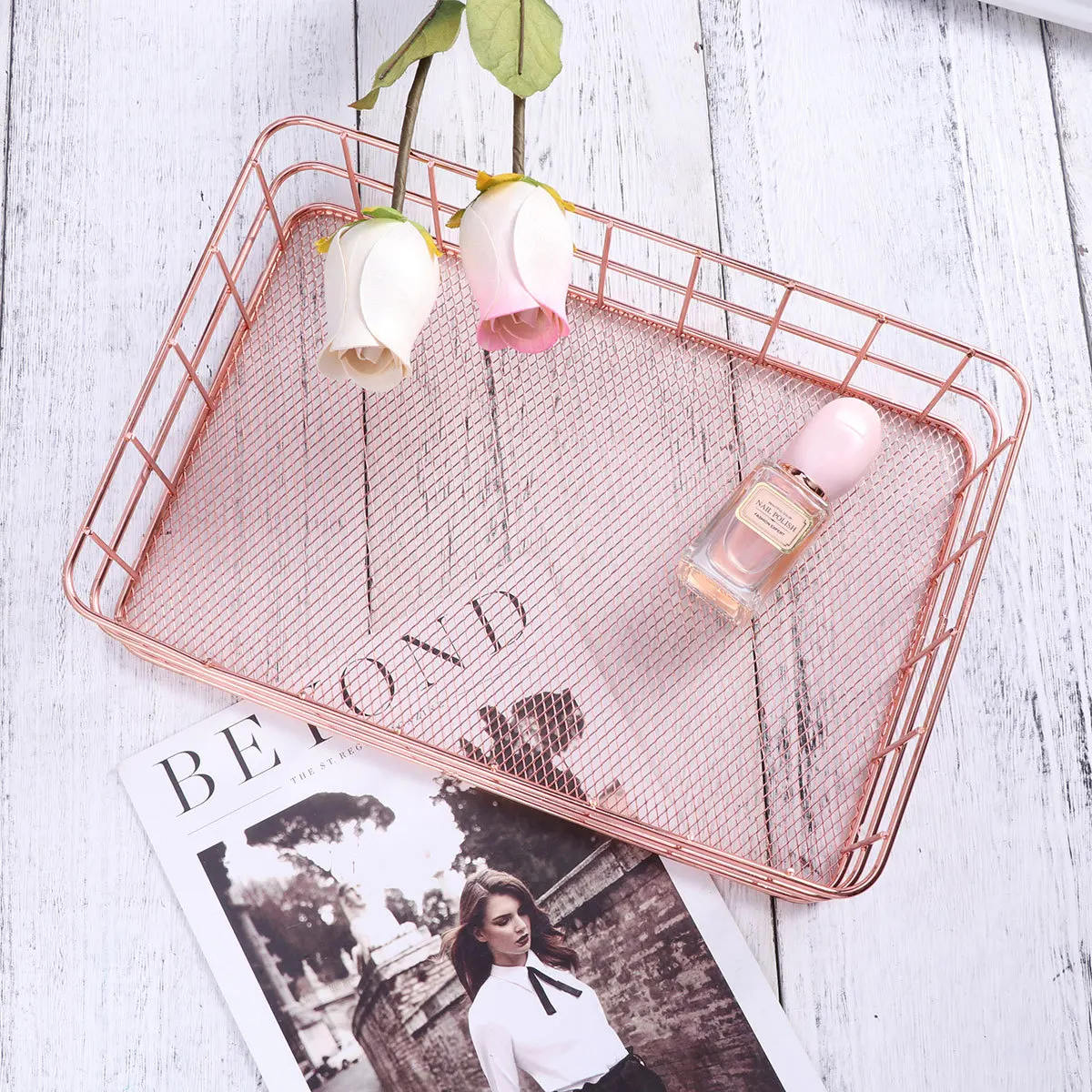 سلة شبكية حديدية كبيرة 24.5X16X6.5 سم منظم سطح المكتب باللون الذهبي الوردي لفرش المكياج وأقلام التجميل وسلة معدنية للتخزين #1