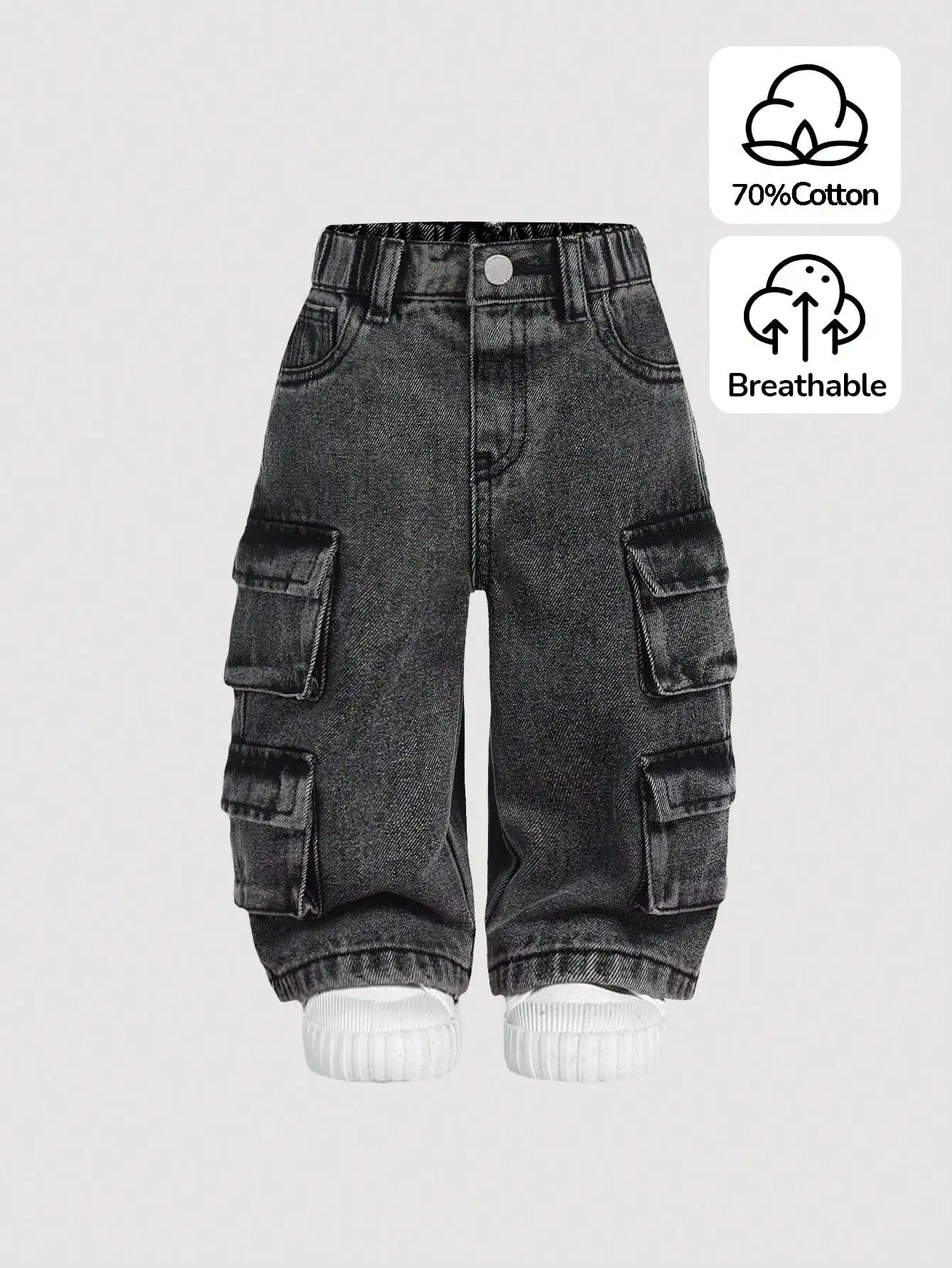 

Baby Grey Denim Utility Wide Leg Pants for Fall Winter Casual Wear