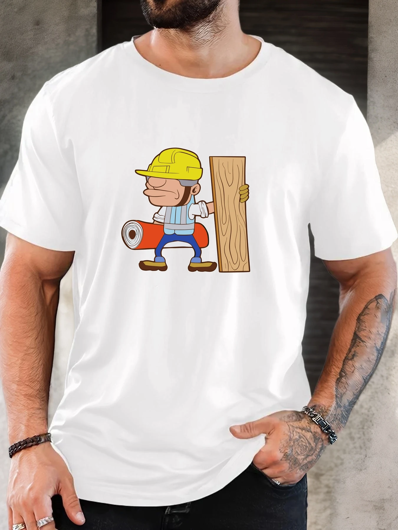 Men Burgundy Crew Neck Tee Cartoon Construction Worker Yellow Hardhat Wood Plank Floor Roll Handyman Graphic Soft Short Sleeve B