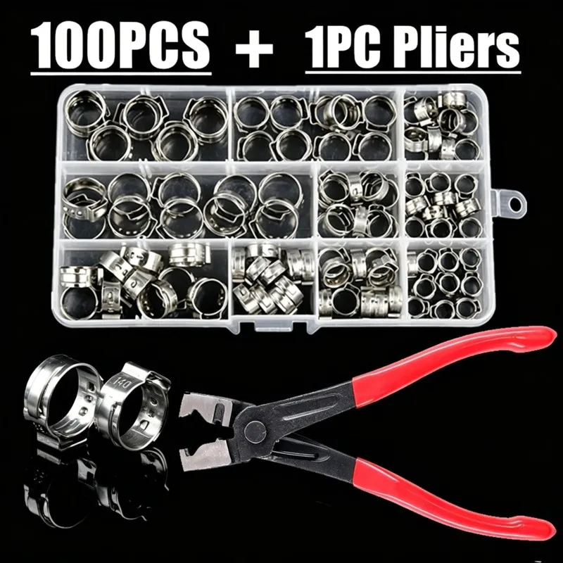 Automotive Fuel Line Clamps 100PCS Single Ear Hose Clamps Assortment Kit, Stainless Steel Clamps With Pliers In 10 Sizes